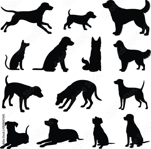 Black dog silhouettes collection in playful, running and sitting poses, various canine breeds isolated on white background for pet design