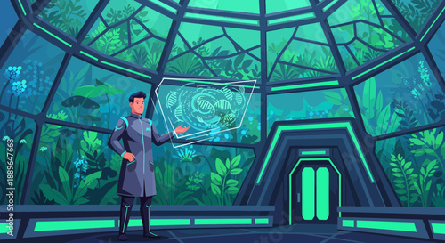 Man in futuristic attire interacting with a holographic display.