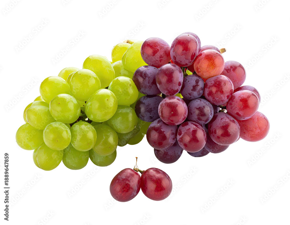 Fototapeta premium Two bunches of grapes, green and red varieties, on black background