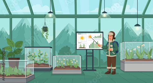Scientist presenting research on plant growth in a modern greenhouse.