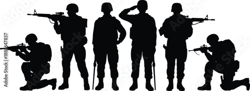 Soldier silhouettes, rifle poses, kneeling stance, salute gesture, black vector, military gear, combat readiness, army figures, helmet detail, tactical scene