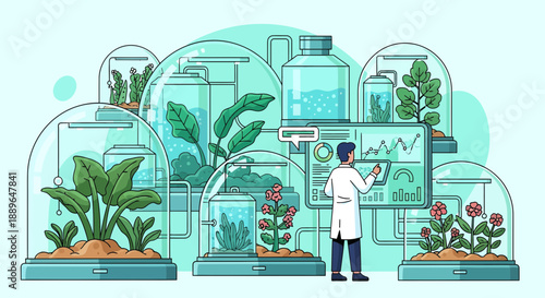 Scientist studying plants in controlled environment for botanical research.