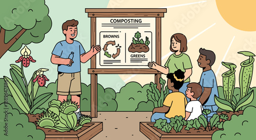 Teacher Explaining Composting to Diverse Group of Students in Garden.