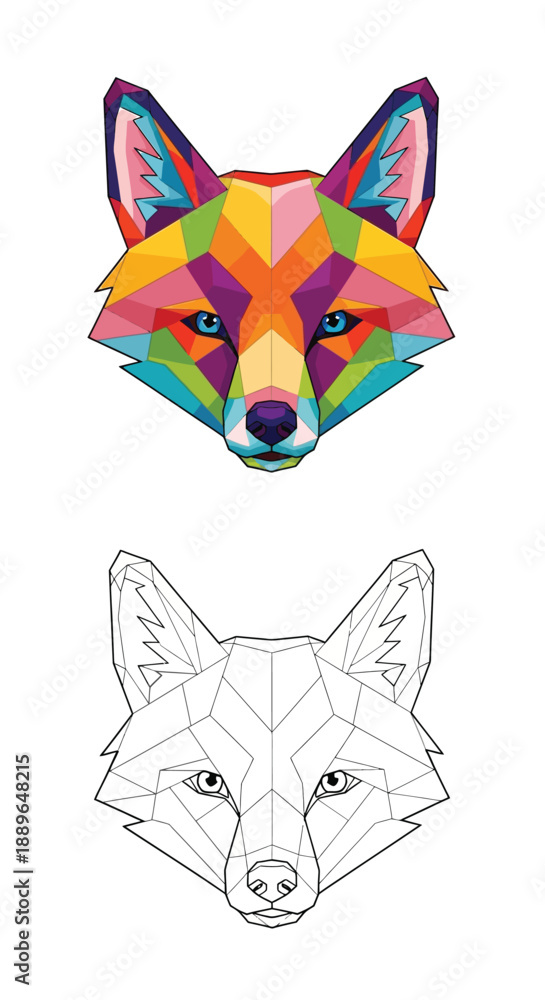 Fototapeta premium Vibrant Geometric Fox Head Illustration with Modern Polygon Patterns and Outline