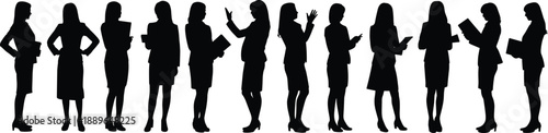 Business women silhouettes standing in professional poses, female office people collection isolated on white background for corporate teamwork design