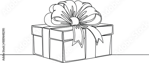 Hand drawn gift box with ribbon bow in clean line art style, present illustration for birthdays, holidays, celebrations, packaging design, greeting cards, and festive branding