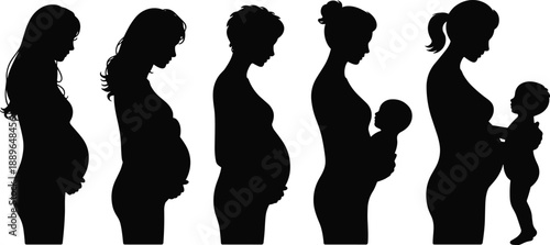 Pregnancy silhouettes, motherhood stages, black vector, baby care, toddler holding, maternal journey