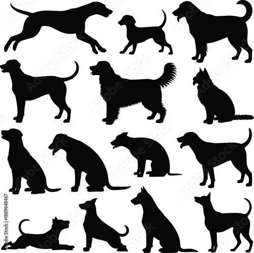Black dog silhouettes set showing different breeds and poses, playful and standing canine figures isolated on white background for pet design