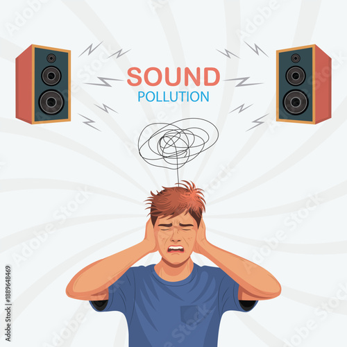 Sound Pollution Concept Illustration with Loudspeakers and Stressed Person Covering Ears.
