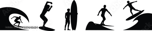 Surfing action silhouettes set showing surfer riding waves jumping balancing with surfboard minimalist black vector illustration coastal ocean sport design