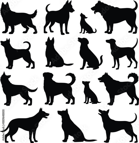 Black dog silhouettes collection with different breeds and poses, pet canine icons isolated on white background for animal design illustration