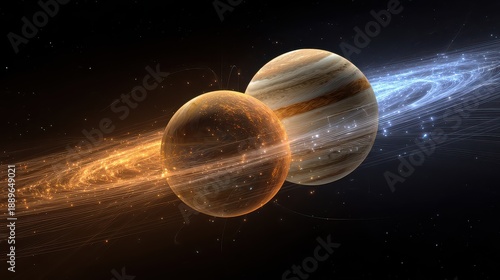 Cosmic scene shows two planets and swirling cosmic dust in space with bright colors at nighttime