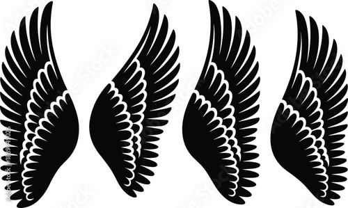 Wing silhouette illustration, feather detail, symmetrical pairs, graphic style, black shadow, vector art, minimal design, tattoo concept, spiritual symbol, freedom motif