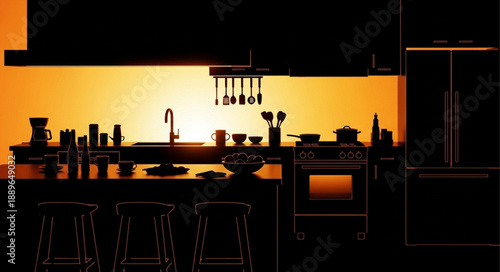 Modern Kitchen Silhouette with Warm Orange Glow.