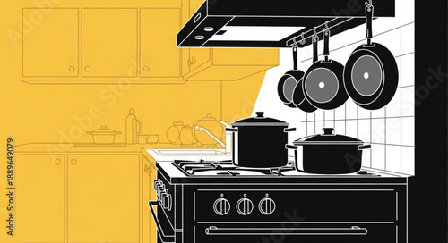 Modern Kitchen Stove with Pots and Pans Hanging Above.