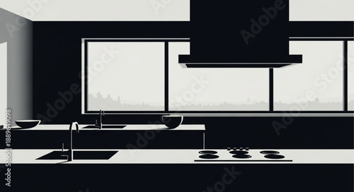 Modern Minimalist Kitchen Interior Design with Large Windows.