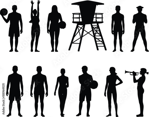 Beach lifeguard and people silhouettes set with sports activities, summer vacation icons, human figures, coastal safety tower illustration, vector design