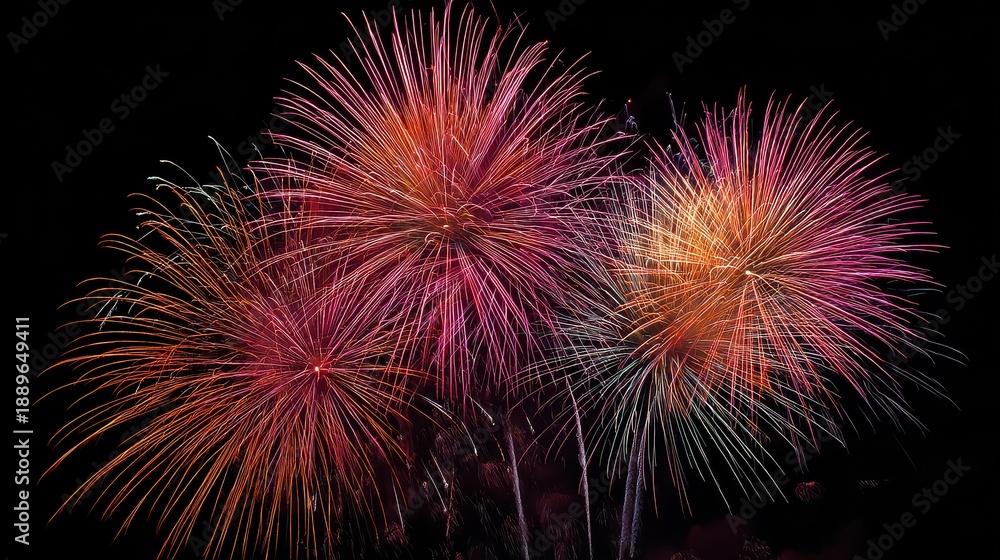 Fototapeta premium Fireworks light up the night sky during a celebration in the city on a warm summer evening in July