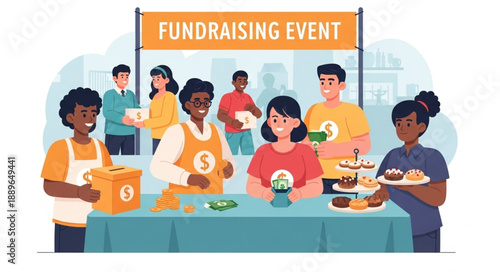 People at Fundraising Event Collecting Donations and Serving Food.