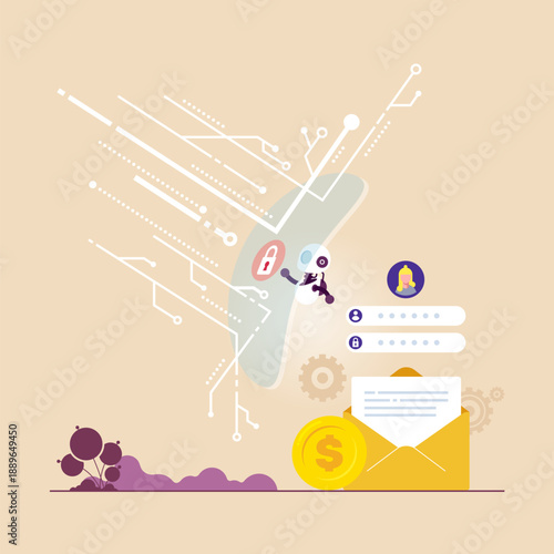 Artificial intelligence (AI) technology and protection concept, AI robot holding a shield reflecting arrow. Protect personal detail, password, and other sensitive information from cyber attack