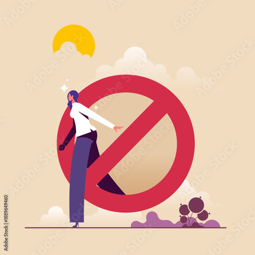 Gender discrimination concept, woman career obstacle or inequality, limitation, effort to overcome difficulty concept, woman emerging from prohibition sign, fighting for gender equality