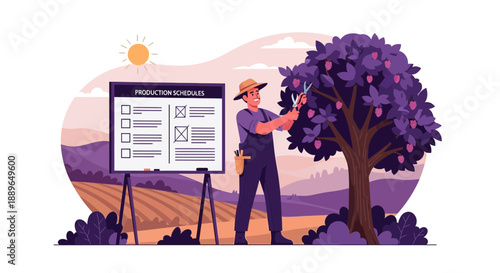 Farmer harvesting fruit from a tree next to a production schedule board.