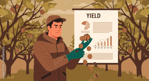 Farmer examining harvest yield in an orchard analyzing agricultural productivity.