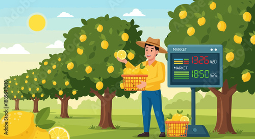 Farmer harvesting lemons with a digital display showing agricultural data.