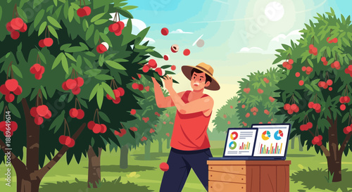 Farmer harvesting lychees in an orchard with a laptop for data analysis.