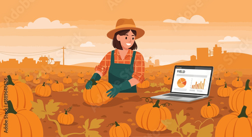 Farmer harvesting pumpkins with a laptop in a field.