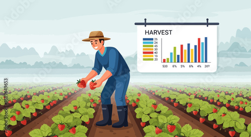 Farmer harvesting strawberries with harvest data chart.