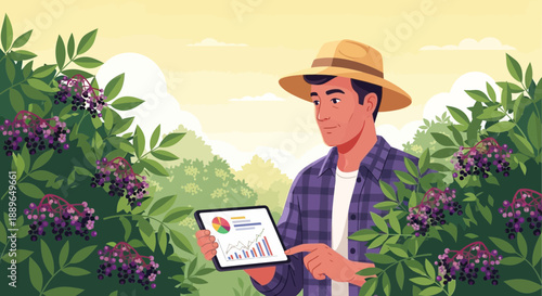 Farmer in a straw hat using a tablet for smart agriculture.