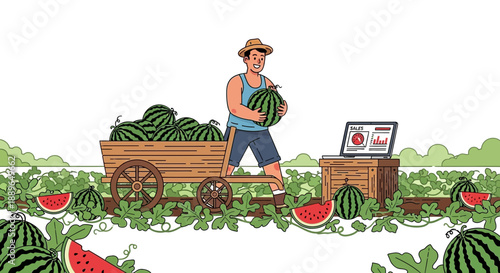 Farmer harvesting watermelons in a field with a cart and laptop for data analysis.