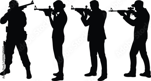 Armed soldier and civilian shooter silhouette set showing aiming rifle poses, tactical security vector icons isolated on white background
