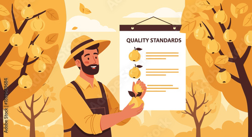 Farmer inspecting apples for quality standards in an orchard.