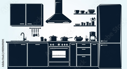 Modern Kitchen Interior Design Silhouette with Appliances and Cabinets.