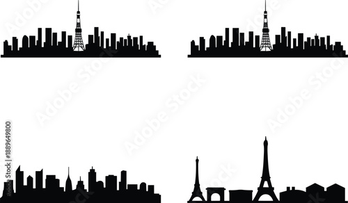 City skyline silhouettes, Tokyo New York Paris, iconic landmarks, urban profile, black shadow, vector art, minimal style, architecture grid, global cities, travel concept