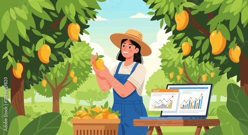 Female farmer harvesting mangoes with laptop showing data analysis.