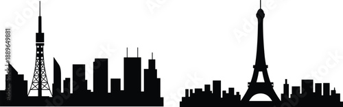 Tokyo Paris skyline silhouettes, iconic landmarks, cityscape comparison, urban architecture, black shadow, vector art, minimal style, travel concept, global cities, landmark contrast