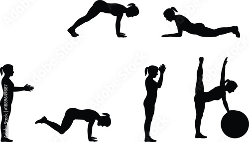 Fitness silhouette poses, workout vector, exercise positions, core training, stretching illustration, balance moves, gym activity, black shadow, minimal style, body motion