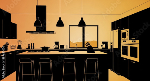 Modern Kitchen Interior Design with Island and Appliances.