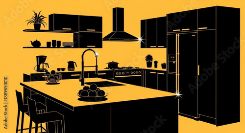 Modern Kitchen Interior Design With Island and Appliances.