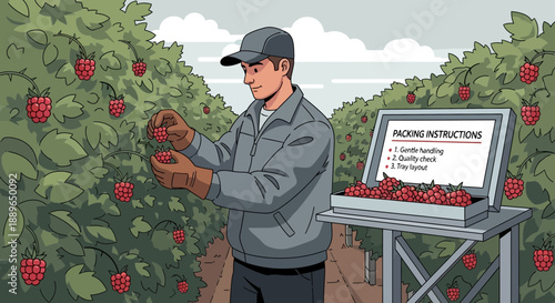 Man harvesting raspberries following packing instructions.