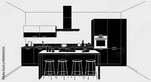 Modern Kitchen Interior Design with Island and Stools.