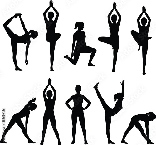 Yoga pose silhouettes set of female fitness stretching balance exercises isolated on white background vector illustration, for wellness training design
