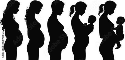 Pregnancy silhouette timeline showing woman expecting baby to motherhood stages, maternity family life vector illustration isolated on white background