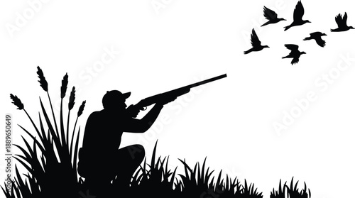 Bird hunting silhouette, shotgun aiming, flying birds, crouching hunter, outdoor sport, nature scene, black vector, isolated, reeds