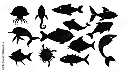 Marine Animal Silhouette Set – Ocean Fish and Sea Life Vector Icons