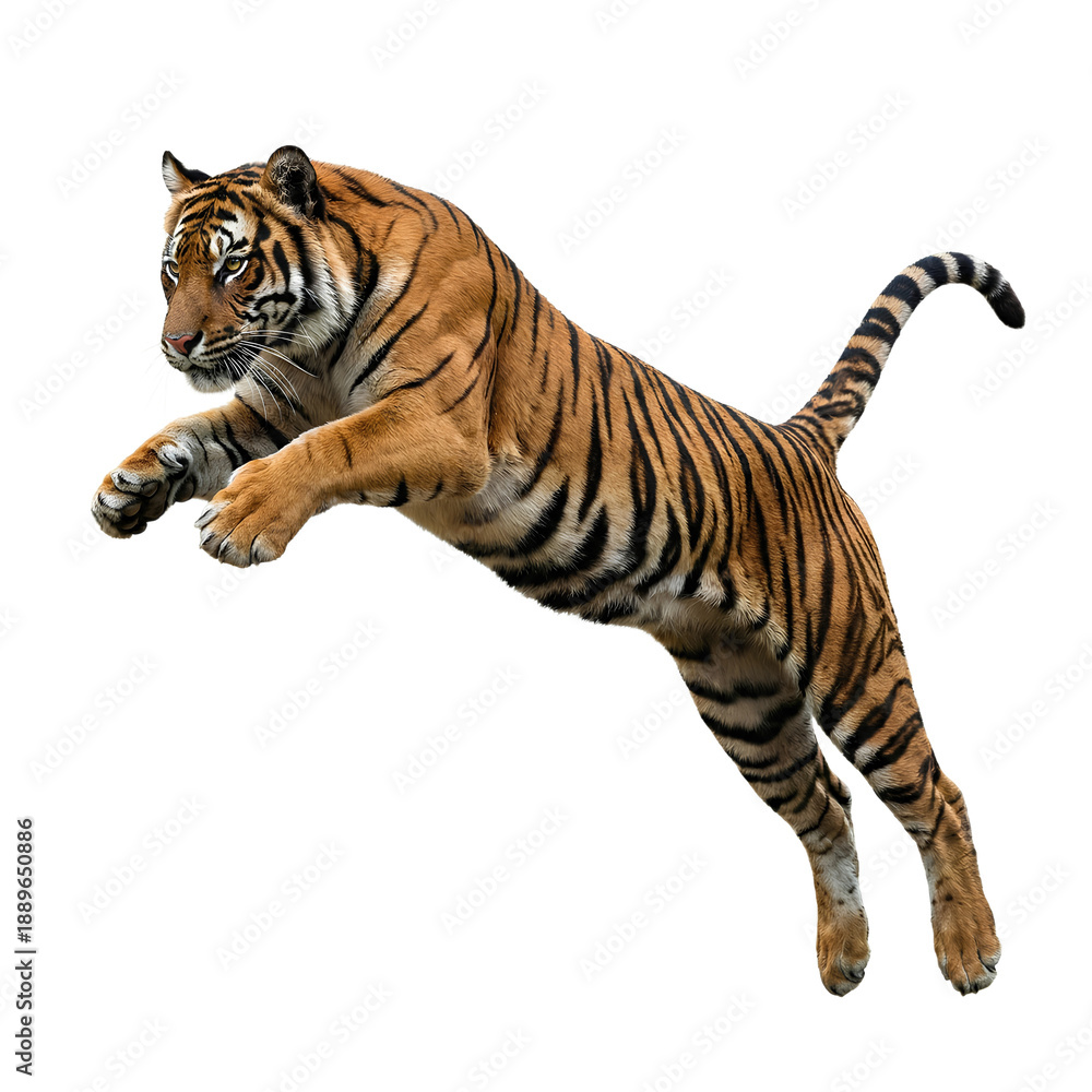 Obraz premium A Sumatran tiger leaping fiercely against a transparent background.