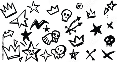 A drawing of various symbols including skulls, stars, and crowns. The drawing is black and white and he is a collage of different shapes and symbols. Scene is somewhat chaotic and disorganized